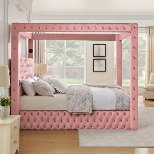 LUMISOL Canopy Bed Frame Queen Size, Velvet Upholstered Platform Bed with Button Tufted Headboard, Four Posters, Built-in Speaker and Charging Station, Heavy Duty Mattress Foundation, Pink