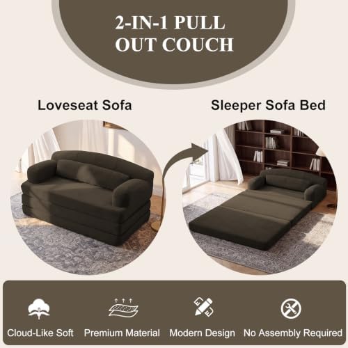 57” Convertible Sleeper Sofa Bed, Boneless Couch, Brown