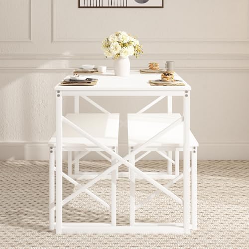 VECELO 43.3" Kitchen Dining Table Set for 4, Heavy-Duty Steel Frame & Wood-Grain Tabletop, Space-Saving Dinette Sets with 2 Benches for Breakfast Nook and Small Space, White