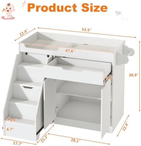 St.Mandyu Baby Changing Table with Drawers & Storage, Diaper Changing Station with Stairs, Toddler Wooden Changing Table with Paper Roller for Daycare & Home, White