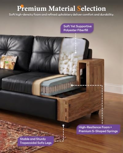 TYBOATLE Black Sectional Couches w/Side Pockets for Living Room