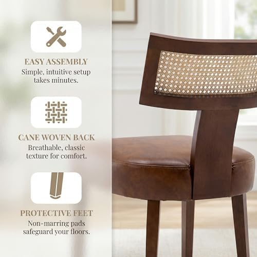 HNY Mid Century Modern Rattan Dining Chairs Set of 6, Farmhouse PU Leather Upholstered Accent Chair Curved Backrest Kitchen Chairs, with Hardwood Frame, Brown
