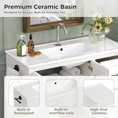 LUMISOL 42 Inch Bathroom Vanity with Sink, Freestanding Bathroom Vanity with Ceramic Sink, Soft-Close Doors, 4 Drawers, Door Storage Shelves, Towel Rack, White