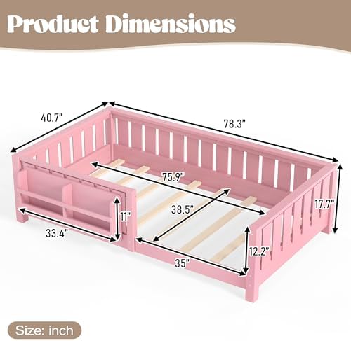 Bellemave Twin Floor Bed with Rails and Slats, Twin Size Montessori Floor Bed with Bookshelf and Fence, Easy Assemble Montessori Beds Frame for Girls, Boys, Pink