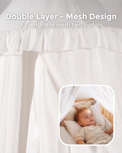 Large Bed Canopy with Star Lights, Double Layer Canopy for Bed, Princess Play Tent for Girls Room, Breathable Canopy Bed Curtain for Children Reading Nook, Machine Washable Canopy, 40''x106'', White