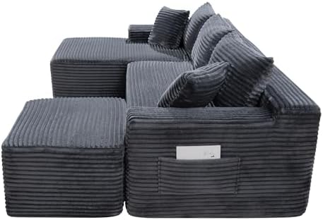 106-Inch Oversized U-Shaped Left Facing Corner Compressed Sofa Modular Boneless Cloud Sectional Sofa Floor Foam Couch W/Chaise & Ottoman, Corduroy Corner Boneless Cloud Couch
