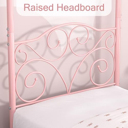 VECELO Metal Canopy Bed Frame Twin Size, 4 Posters Platform Mattress Foundation with Headboard, Heavy Duty Steel Slats Support, No Box Spring Needed, Pink