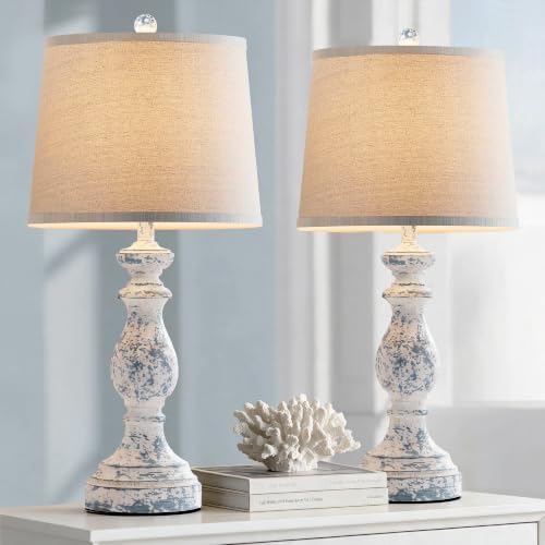 PARTPHONER Traditional Table Lamp Set of 2, Rustic Farmhouse Table Lamps for Living Room Bedroom, 27" Bedside Desk Lamps Vintage Nightstand Lamps with Linen Shades, Washed Blue