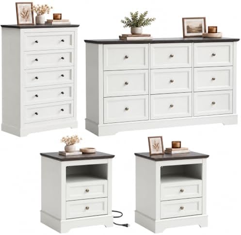 LOUVIXA Farmhouse Bedroom Sets of 4, Including 9 Drawer Dresser, 5 Drawer Dressers and Nightstand Set of 2 with Charging Station (Off White-Brown)