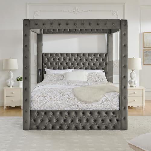 LUMISOL Canopy Bed Frame Queen Size, Velvet Upholstered Platform Bed with Button Tufted Headboard, Four Posters, Built-in Speaker and Charging Station, Heavy Duty Mattress Foundation, Grey