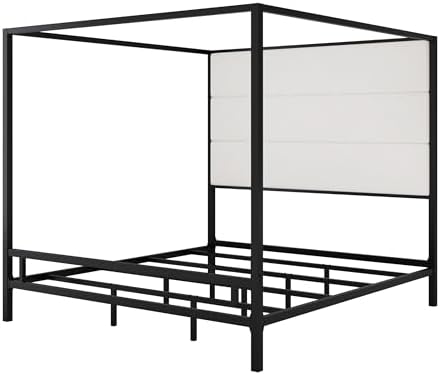 LUMISOL King Size Canopy Bed Frame with Tall Upholstered Headboard, Four Poster Metal Platform Bed with Velvet Headboard, Modern Luxury Canopy Bed, Box Spring Needed, Black + White