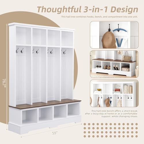 Merax Farmhouse Hall Tree with Bench and Shoe Storage, 59" Entryway Bench with Coat Rack, 8 Hooks and Top Compartments, 3-in-1 Entryway Hall Tree for Hallway, Living Room, White