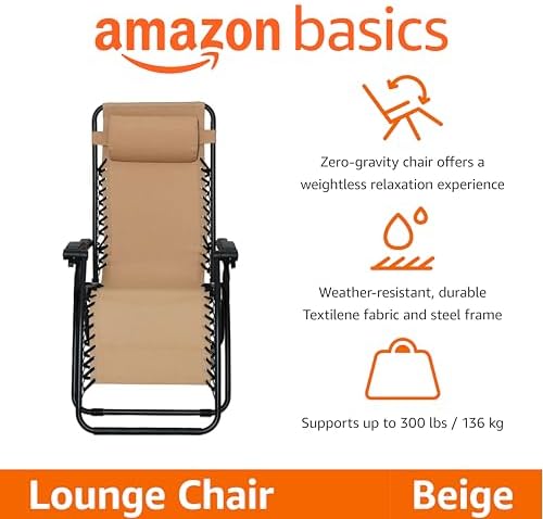 Amazon Basics Zero Gravity Lounge Chair with Pillow, Foldable Outdoor Reclining Chair for Patio and Beach, Weather-Resistant Textilene, 300 lb Capacity, 26", Beige
