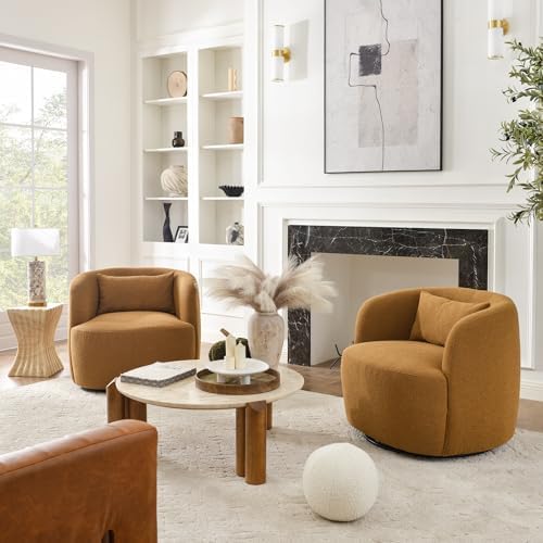 KINWELL 34" W Boucle Swivel Barrel Chairs with Pillow Set of 2, Brown