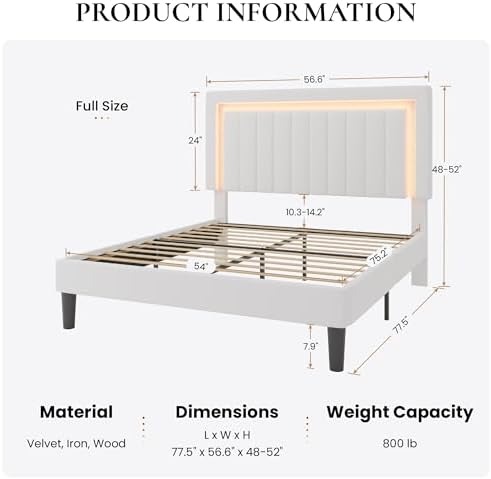 SHA CERLIN Full Size Velvet Bed Frame with LED Light, White