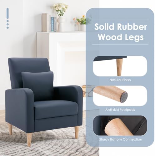 COLAMY Mid-Century Modern Accent Chairs Set of 2, Faux Leather Upholstered Living Room Chairs with Back Pillow & Solid Wood Legs, Comfy Armchair for Living Room, Bedroom, Single Sofa, Dark Blue