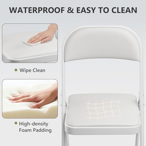 Folding Chairs 6 Pack, PU Leather Padded Folding Chairs for Outside and Indoor, Heavy Duty Portable Foldable Metal Commercial Seat for Home Office, Dorm, Party, Backyard, Lawn, Patio, White