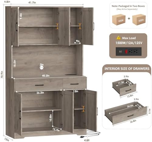 HOSTACK 71" H Kitchen Pantry Storage Cabinet, Farmhouse Hutch Cabinet, Grey