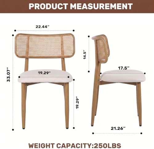 UVV Dining Chairs Set of 2, Metal Kitchen Chairs with Modern Fabric Upholstered for Dining Room, Beige Rattan