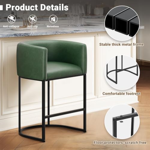 26" H Counter Height Bar Stools Set of 1, Modern Barrel Counter Stools with Backrest and Arms, Faux Leather Upholstered Accent Barstools for Kitchen Island,Support 450 LBS (Green)