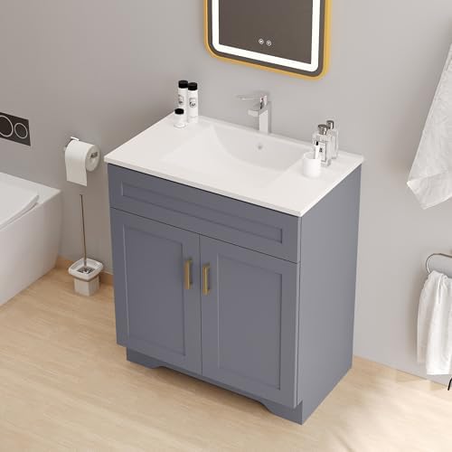 Bathroom 30" Vanity with Ceramic Sink, Wooden Double Door Bathroom Storage Cabinet, Freestanding Cabinet Vanity with Sink (Paint, Grey,30")