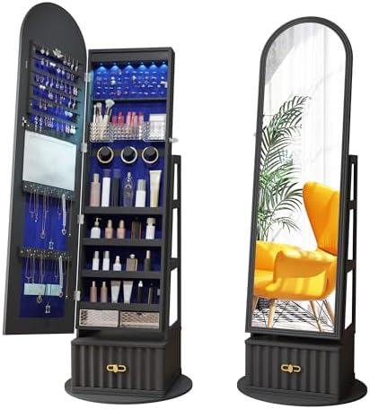 63" Full Length Mirror Jewelry Cabinet with Storage – Rotating, Lockable Jewelry Armoire with Velvet Lining, Standing Organizer for Women – Ideal Gift for Jewelry Storage & Display, Black