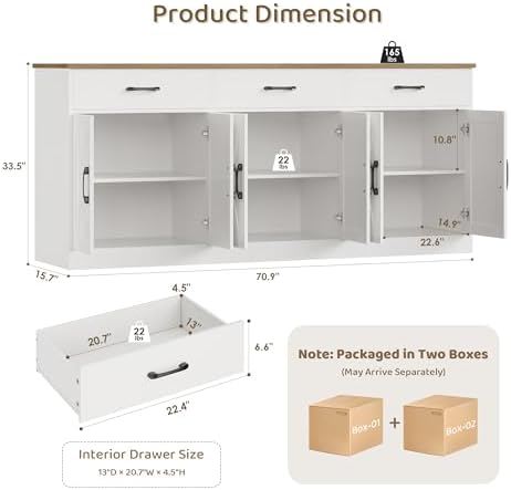 HOSTACK 71"W Farmhouse Kitchen Sideboard Buffet Cabinet with Storage, White