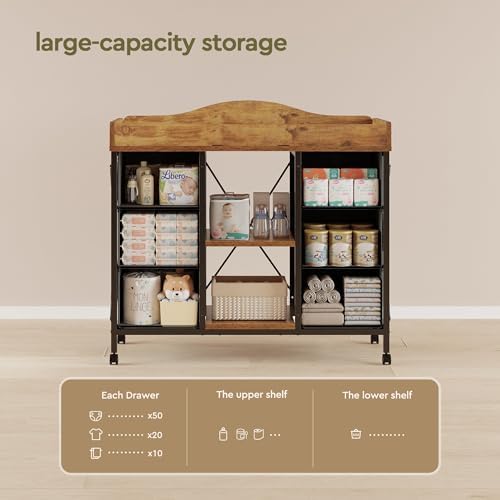 YeTom Changing Table, 6-Drawer Dresser, Adjustable Shelves, Rustic Brown