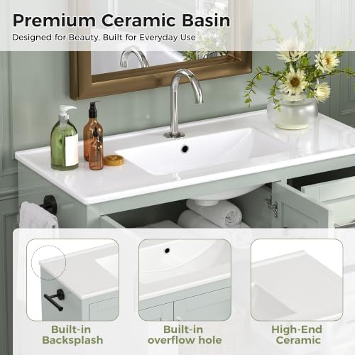 LUMISOL 42 Inch Bathroom Vanity with Ceramic Sink, Modern Freestanding Bathroom Cabinet with 4 Drawers, 2 Soft-Close Doors, Door Racks, Towel Rack, Solid Wood Frame, Mint Green
