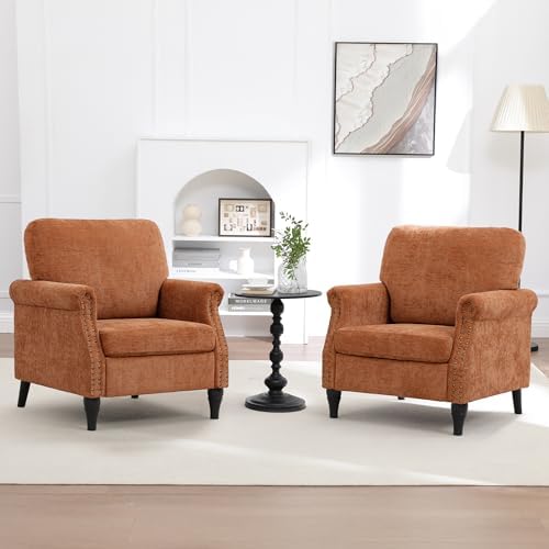 Accent Chair for Living Room, Modern Mid Century Reading Chair Armchair High Back Upholstered Armchair with Wooden Legs for Living Room Bedroom Office (Orange, 2pcs)