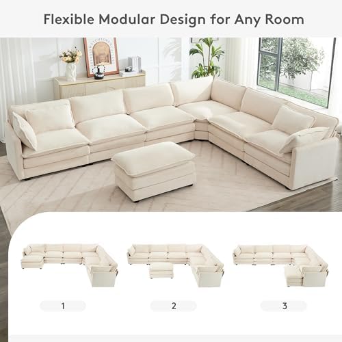 ROWHY 150'' Modular Sectional Cloud Couch, 7 Seater Corner Sofa Big Comfy Corduroy V Shaped Couch with 4 Throw Pillows, Convertible Chaise, Ottoman, Couches for Living Room Office Beige