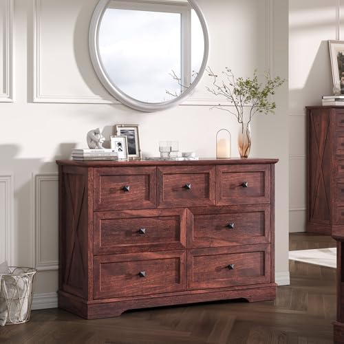 Farmhouse 7 Drawers Dresser for Bedroom with Charging Station,Wood Dressers