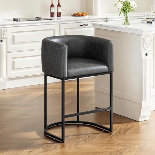 26" H Counter Height Bar Stools, Modern Barrel Counter Stools with Backrest and Arms, Faux Leather Upholstered Accent Barstools for Kitchen Island,Support 450 LBS (Black)