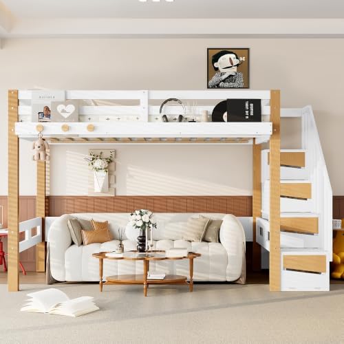 KEIKI Twin Size Wooden Loft Bed Frame with Staircase, Clothes Hook, White