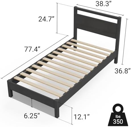 LIFEMENT Signature Wood Platform Bed Frame with Headboard, Essential, Noise Free, Under Bed Storage, No Box Spring Needed, Easy Assembly (Black, Twin)