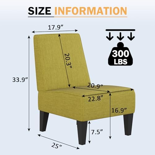 Armless Accent Chairs Set of 2, Green Upholstered Linen Slipper Chair with Solid Wood Legs, Mid Century Modern Side Chairs for Small Living Room Bedroom Apartment Reading Nook