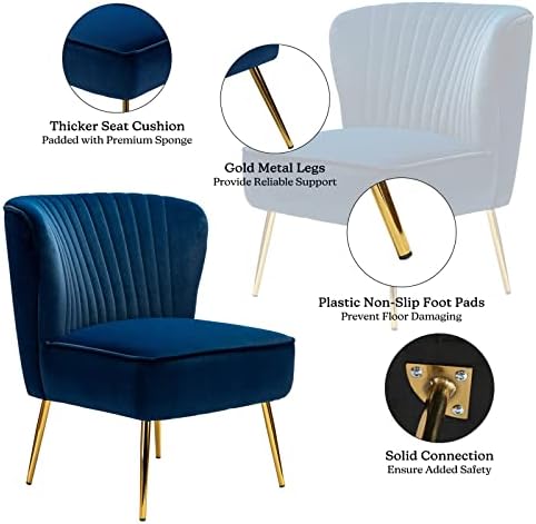 HULALA HOME Velvet Accent Chair, Modern Upholstered Cute Side Chair with Gold Metal Legs, Armless Wingback Slipper Chair Comfy Living Room Chair for Bedroom Guest Room Vanity,Navy