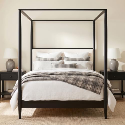 Merax Queen 4-Poster Wood Canopy Bed with Boucle Headboard, Black