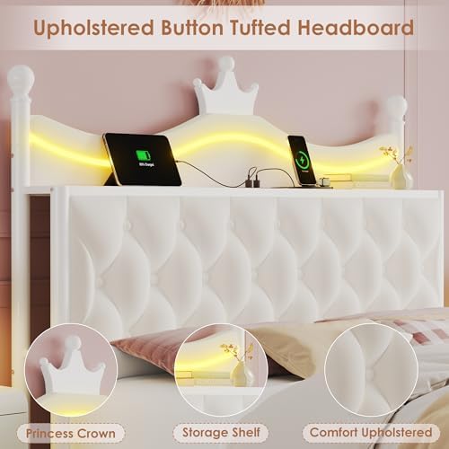 Keyluv Full Size Upholstered LED Canopy Bed Frame with Charging Station and Drawer, Button Tufted Crown Headboard with Storage Shelf, Two-Purpose Removable Four Poster Design Platform Bed, Beige