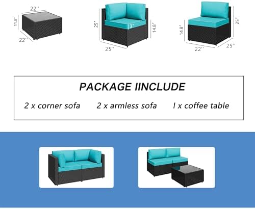 Shintenchi 5 Piece Outdoor Patio Furniture Set with Black PE Rattan, Blue