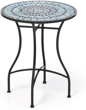 GIANTEX 24 Inch Patio Bistro Table, Mosaic Round Table w/Ceramic Tile Tabletop, Heavy-Duty Metal Structure, Outdoor Dining Table for Backyard, Garden, Porch (Blue & Black (Sun Pattern))