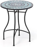 GIANTEX 24 Inch Patio Bistro Table, Mosaic Round Table w/Ceramic Tile Tabletop, Heavy-Duty Metal Structure, Outdoor Dining Table for Backyard, Garden, Porch (Blue & Black (Sun Pattern))