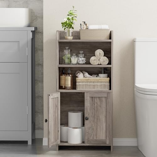 Homhedy Small Bathroom Storage Cabinet, Toilet Paper Storage Cabinet | Bathroom Floor Cabinet with Doors and Shelves, Bathroom Organizers for Small Spaces, 7.9" D x 14.6" W x 31" H, Greige