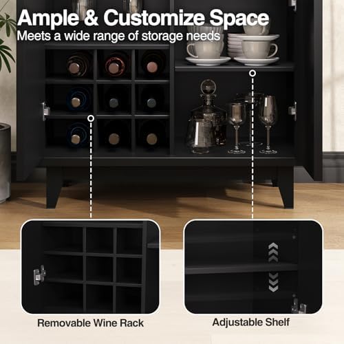 Vabches Modern Fluted Coffee Bar Cabinet with Removable Wine Rack, Black