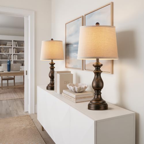PARTPHONER Traditional Table Lamp Set of 2, Rustic Farmhouse Table Lamps for Living Room Bedroom, 27" Bedside Desk Lamps Vintage Nightstand Lamps with Linen Shades, Oil Rubbed Bronze
