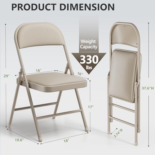 Folding Chairs 8 Pack, PU Leather Padded Folding Chairs for Outside and Indoor, Heavy Duty Portable Foldable Metal Commercial Seat for Home Office, Dorm, Party, Backyard, Lawn, Patio, Khaki