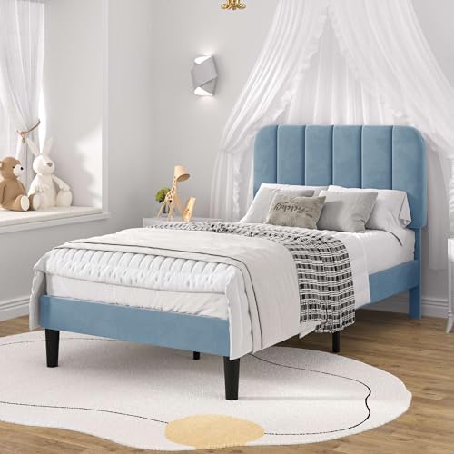 VECELO Twin Size Bed Frame with Upholstered Headboard, Velvet Platform Bedframe Mattress Foundation, Strong Wood Slat Support, No Box Spring Needed,Sky Blue