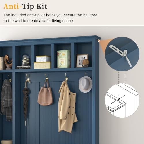 RuiSiSi Entryway Storage Organizer with Top Cabinet, Hooks and Shoe Bench, Navy Blue