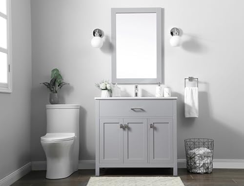 36" Pre-Assembled Bathroom Vanity with Sink, Engineered Wood, Calacatta White Engineered Marble Countertop Attached, Single Rectangle Porcelain Sink, Grey