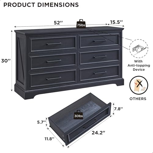 ACCOHOHO 52" Wide Farmhouse 6 Drawer Dresser for Bedroom, Black